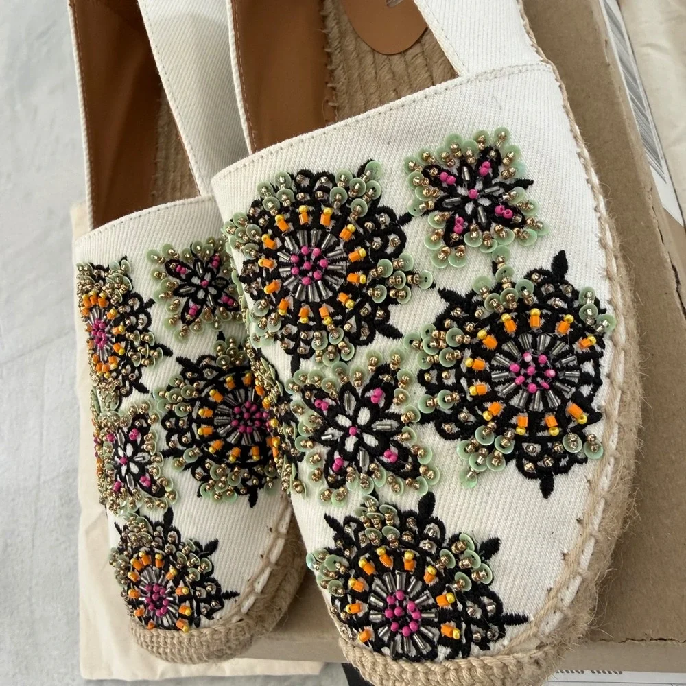 Miu Miu Floral Beaded Espadrilles Denim Ricamo White Size 40 NWT Box Dust Bags
